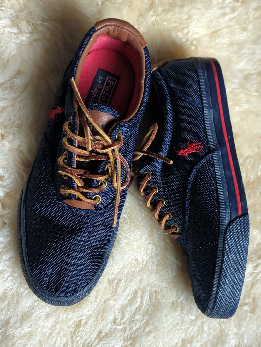 Polo by Ralph Lauren Navy Canvas Sneakers with Red Pony and Tan Accents